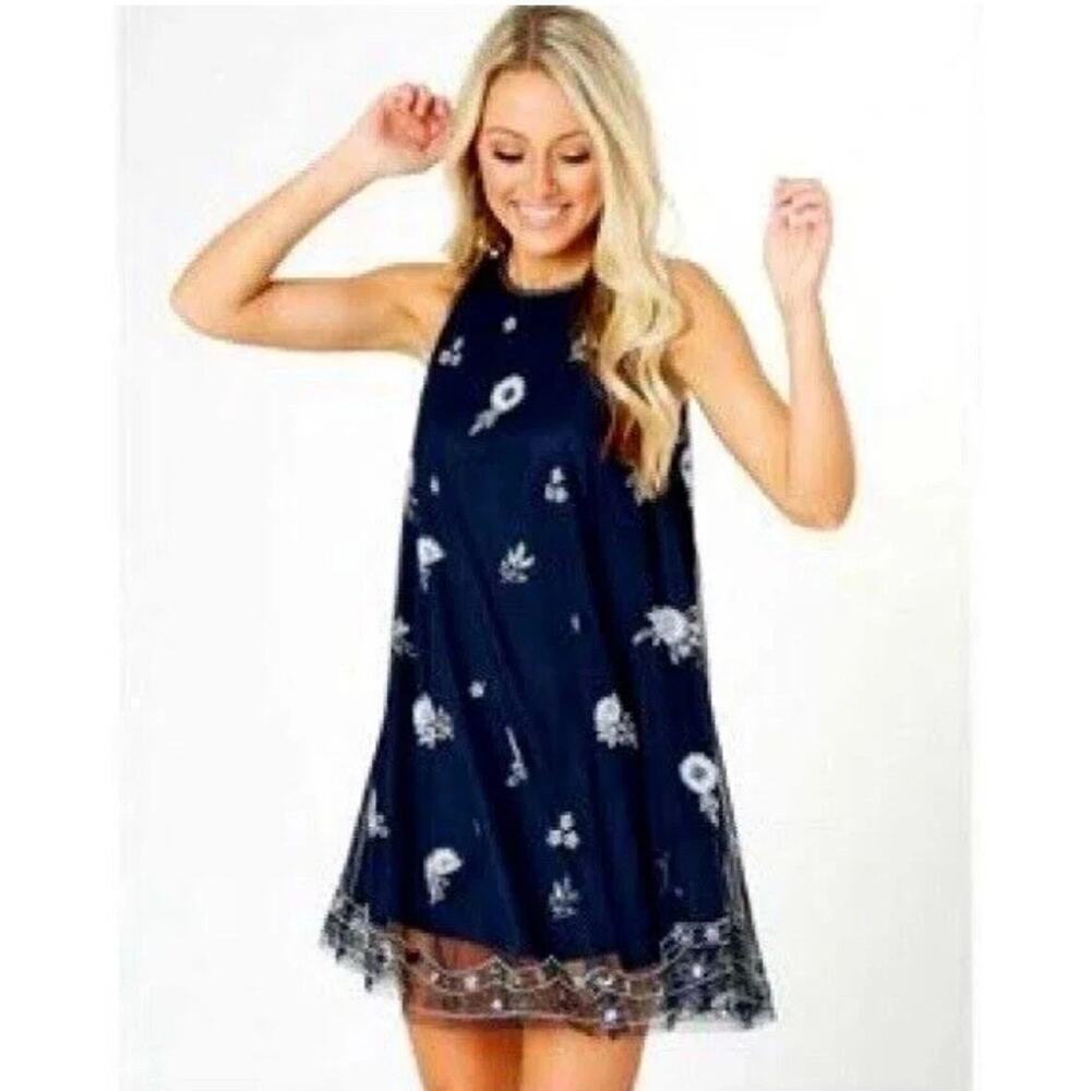 Altar’d State Navy Blue Beaded Embellished Dress - Size Small